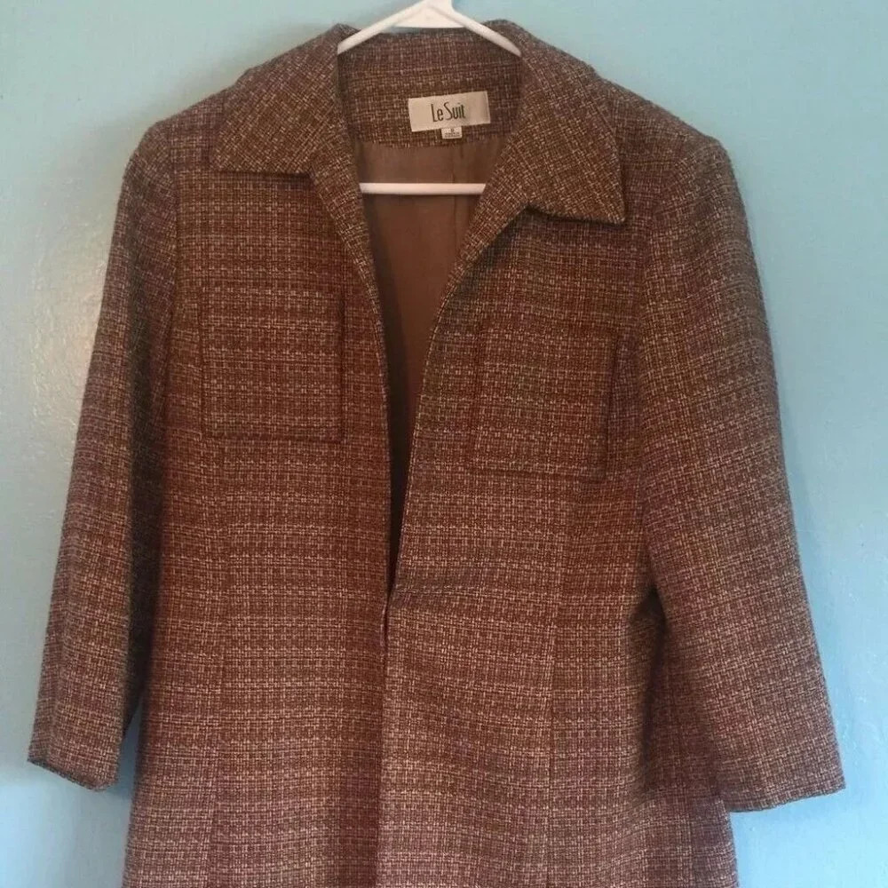 LE SUIT Women Fully Lined Front Open Hounds-Tooth Pattern Brown Jacket Size 8